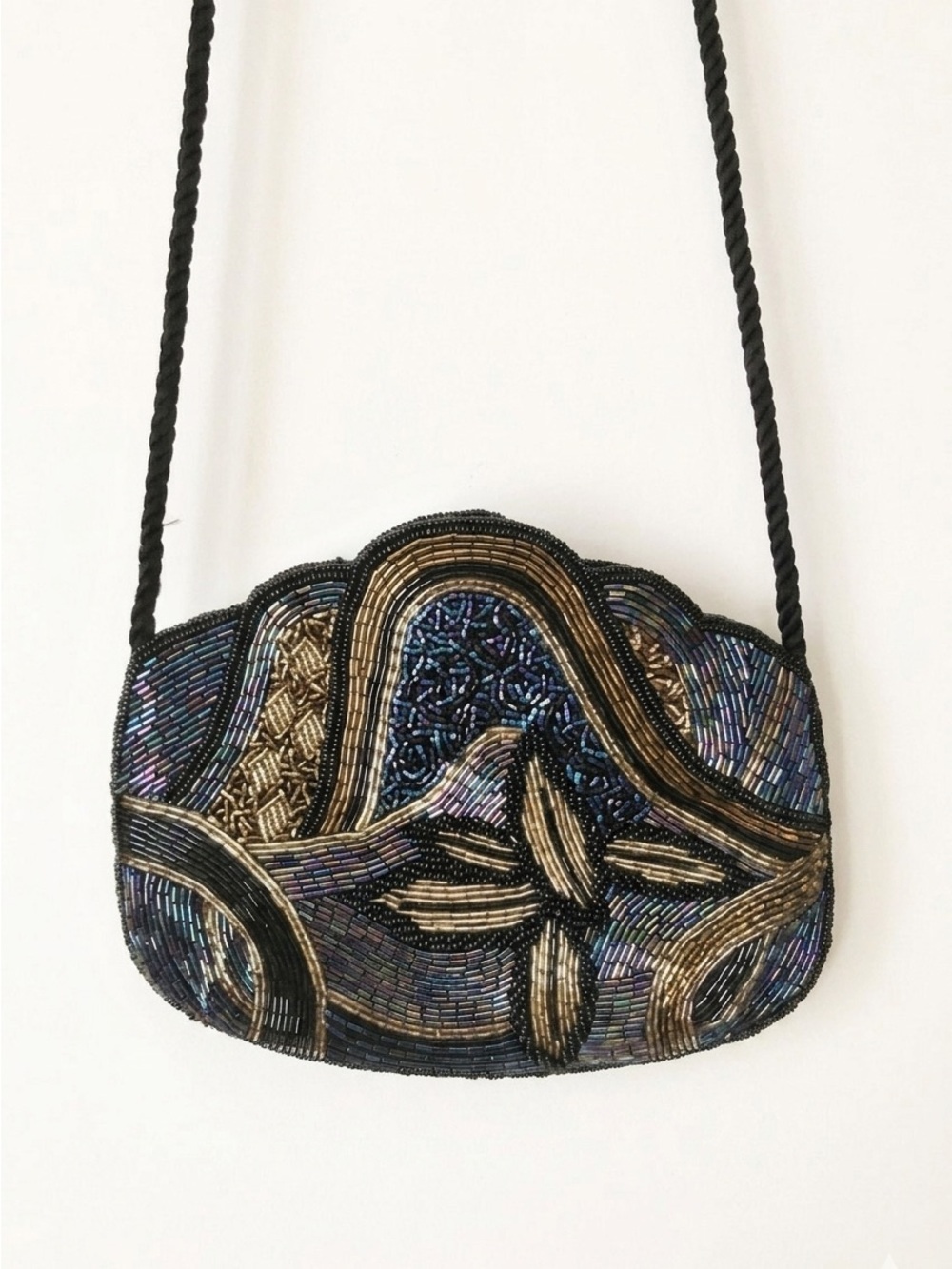 Vintage 90's Beaded Formal Evening Bag Iridescent Cord Strap Shoulder Crossbody